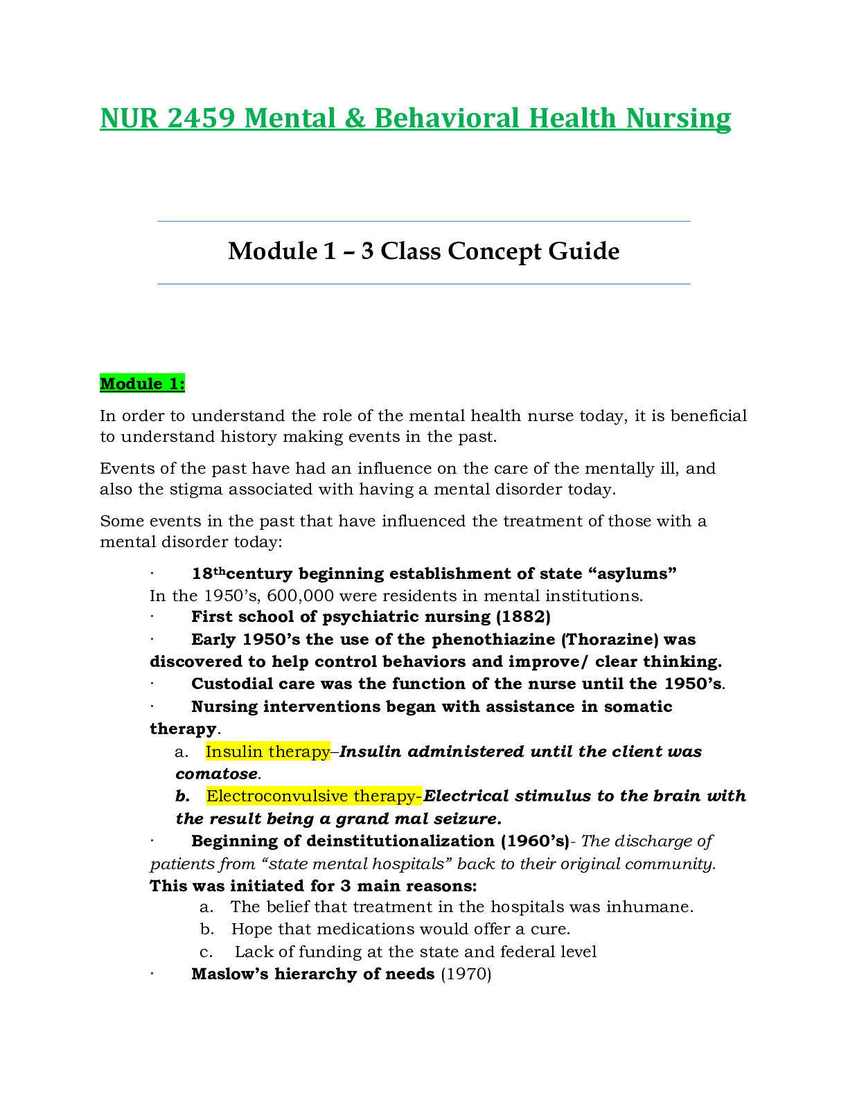 Preview image for NUR2459 / NUR 2459: Module 1 – 3 Class Concept Guide Updated Mental and Behavioral Health Nursing - Rasmussen